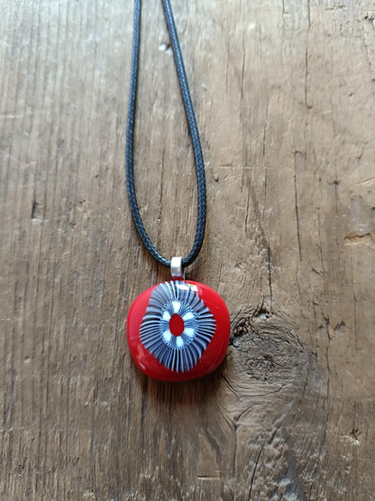 Handmade black and white artisan unique fused glass pendant necklace