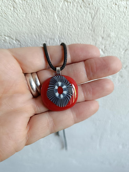 Handmade black and white artisan unique fused glass pendant necklace