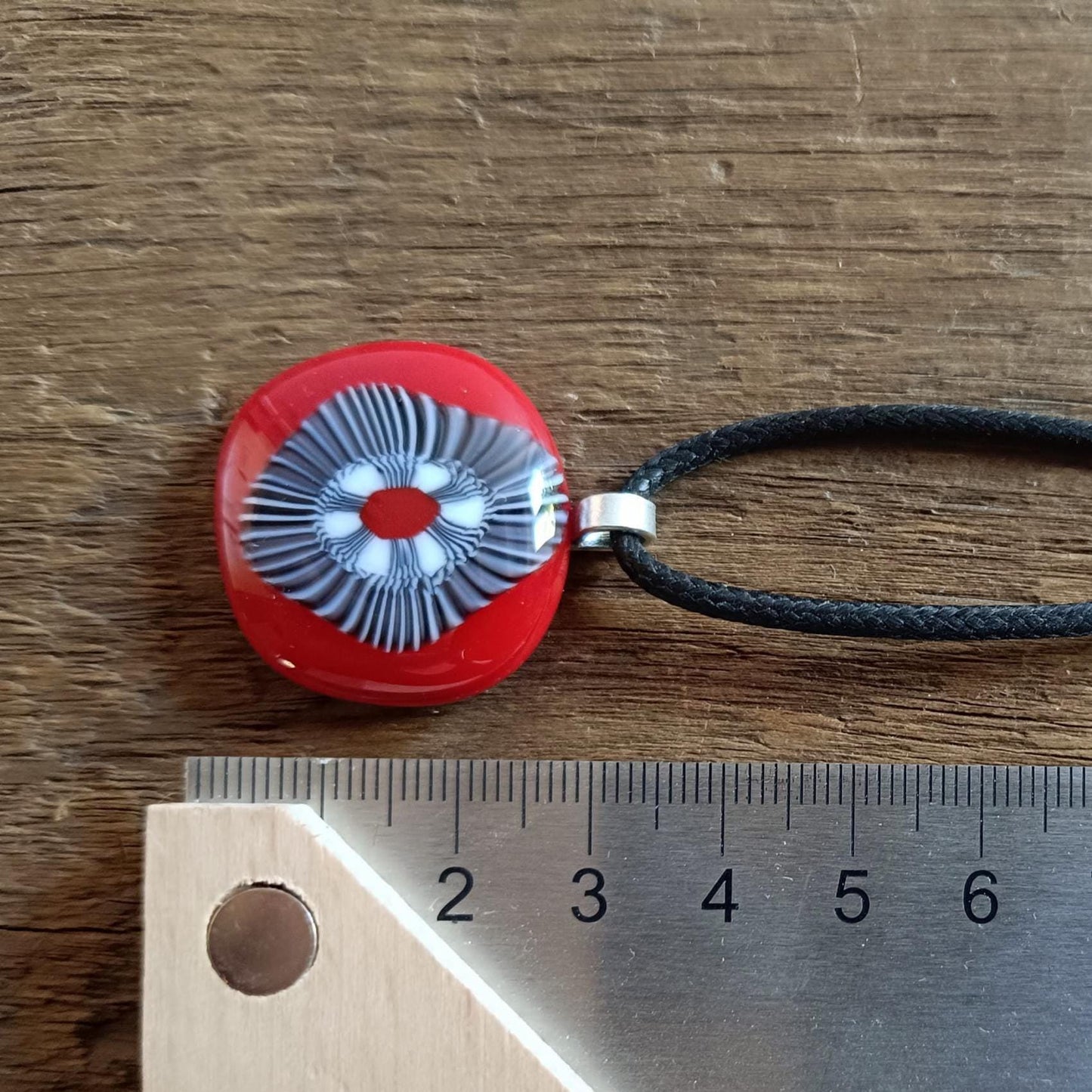 Handmade black and white artisan unique fused glass pendant necklace