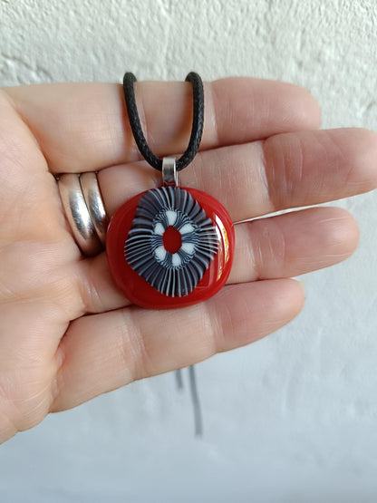 Handmade black and white artisan unique fused glass pendant necklace