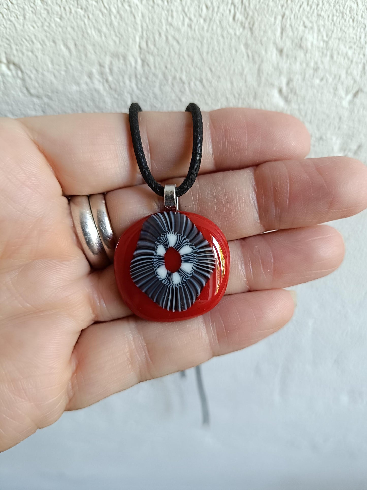 Handmade black and white artisan unique fused glass pendant necklace