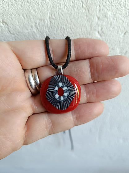 Handmade black and white artisan unique fused glass pendant necklace
