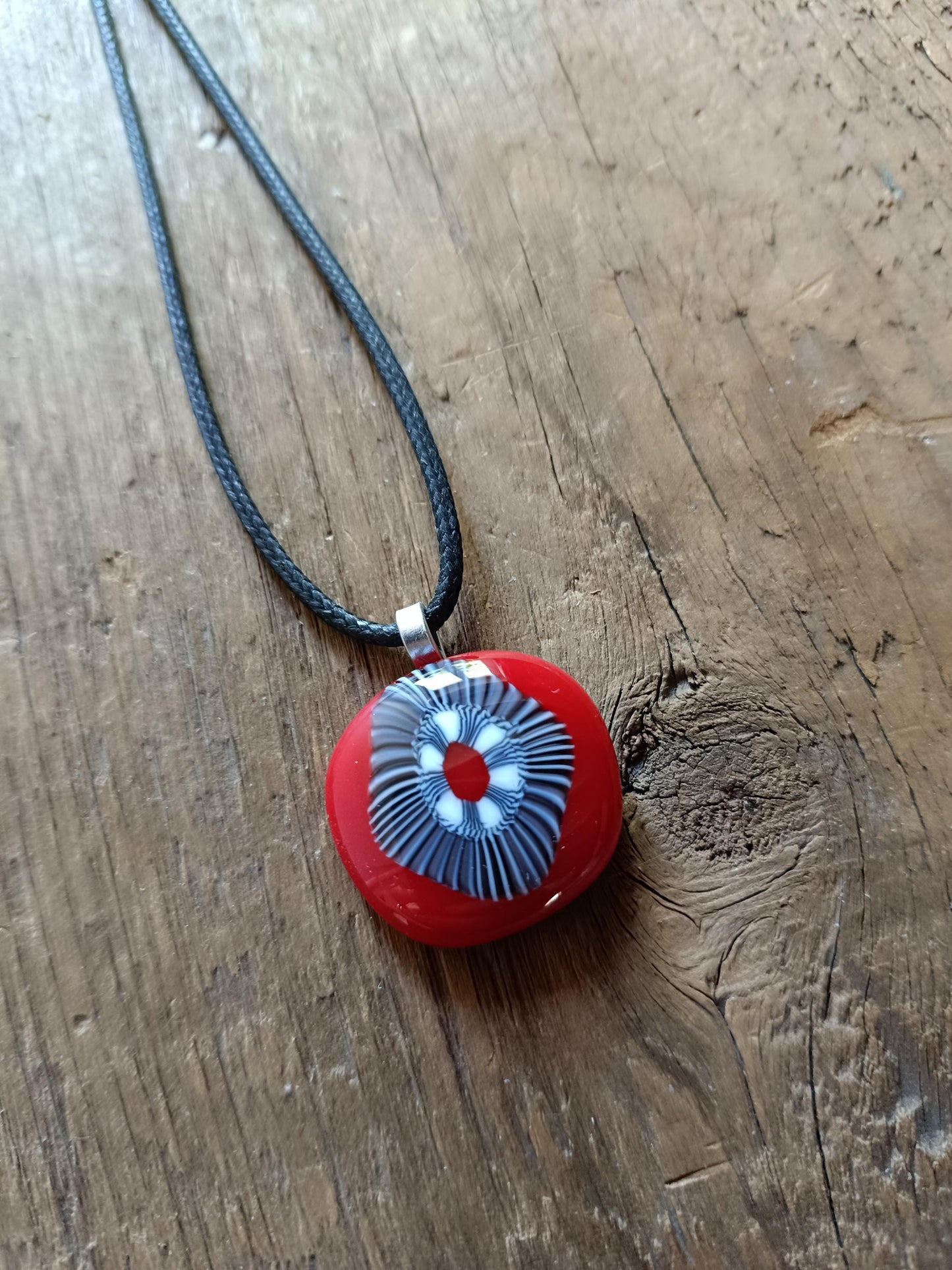 Handmade black and white artisan unique fused glass pendant necklace