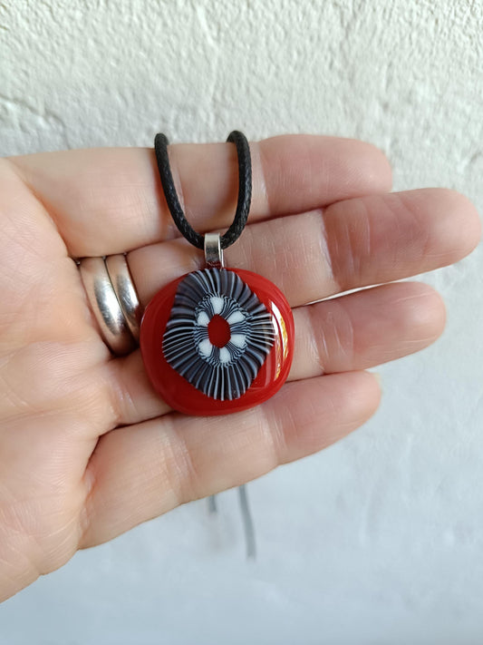 Handmade black and white artisan unique fused glass pendant necklace