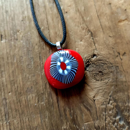 Handmade black and white artisan unique fused glass pendant necklace
