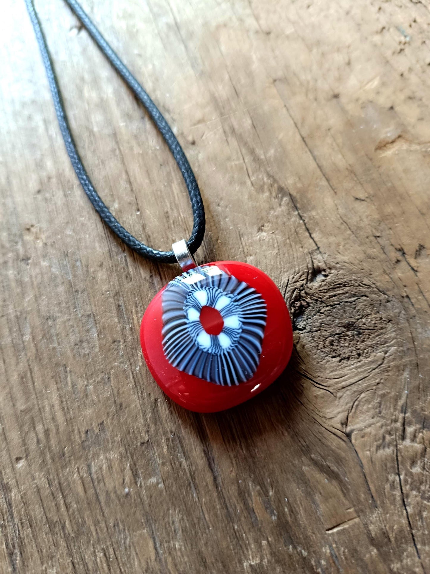 Handmade black and white artisan unique fused glass pendant necklace