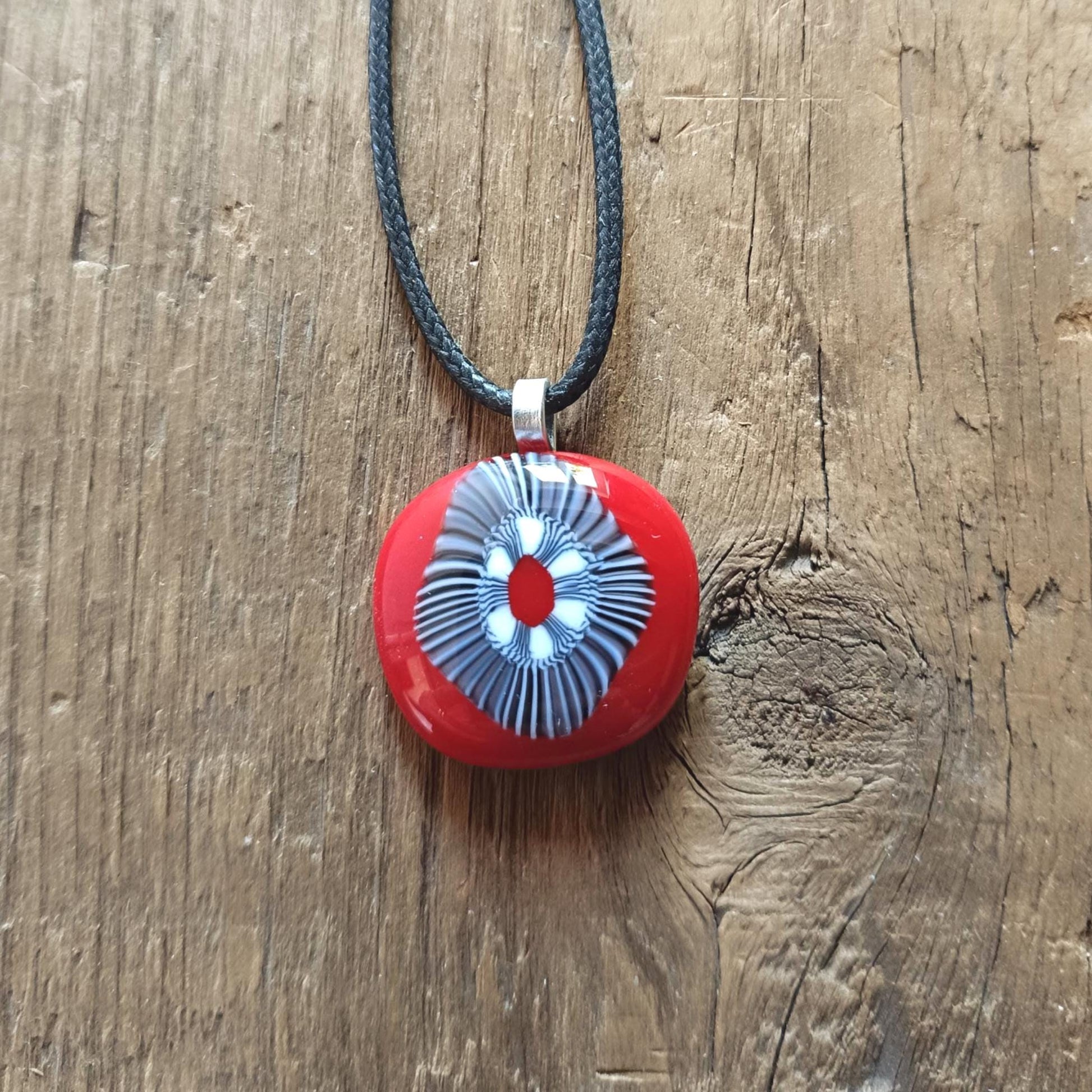 Handmade black and white artisan unique fused glass pendant necklace