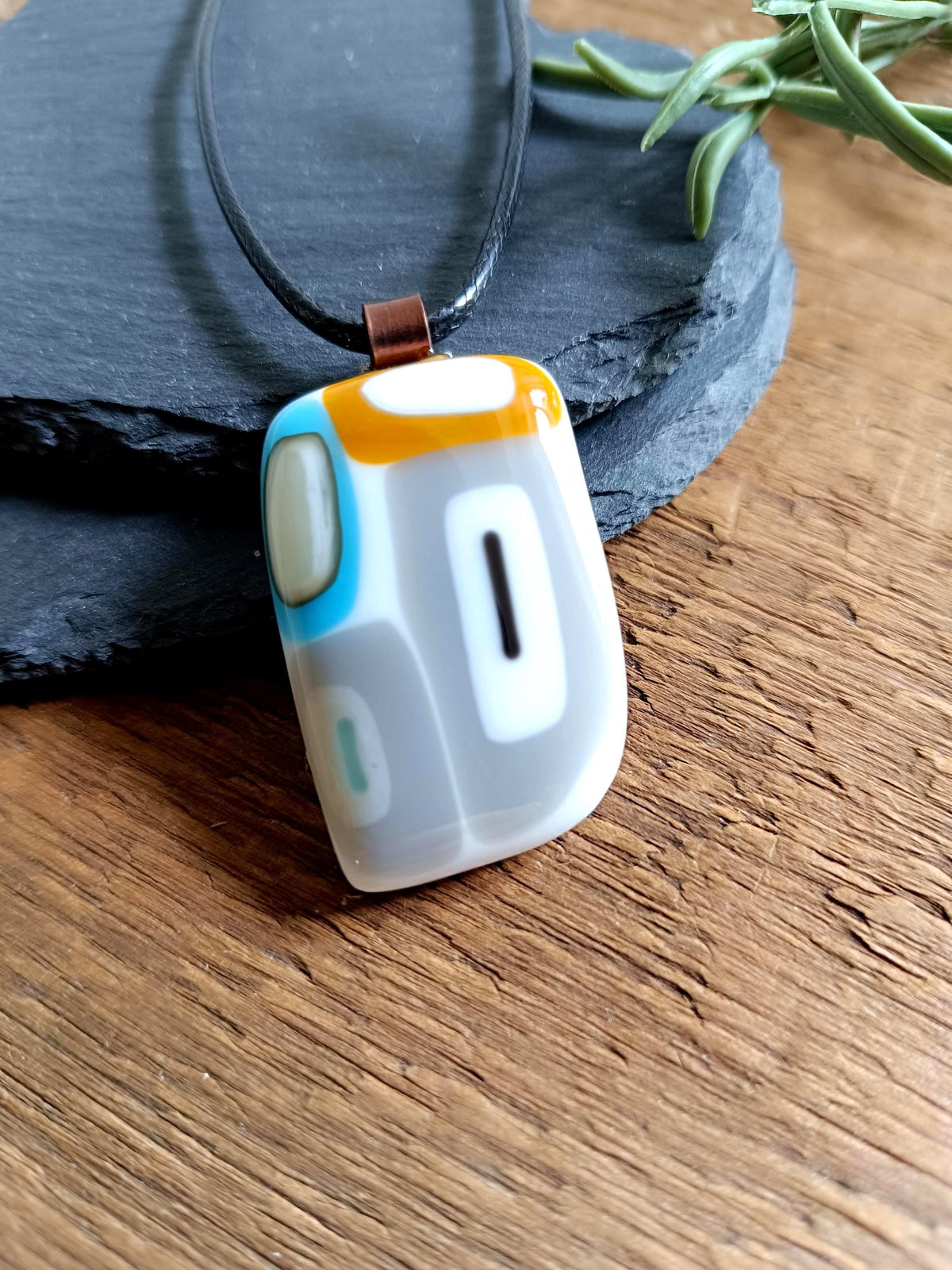 One of a kind fused glass pendant on black cord with brown leather bail OOAK glass necklace, wearable art, statement jewelry.