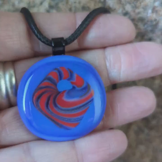 Blue and red patterned fused glass pendant with cord necklace, handmade jewellery