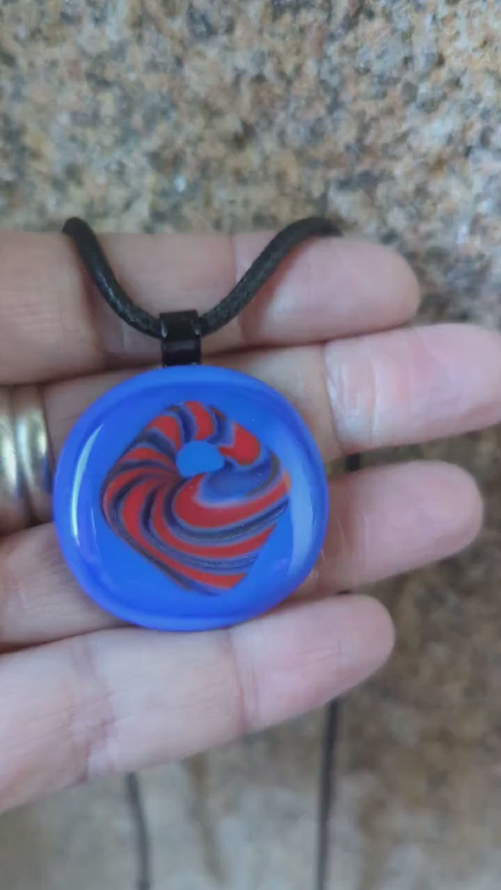 Blue and red patterned fused glass pendant with cord necklace, handmade jewellery