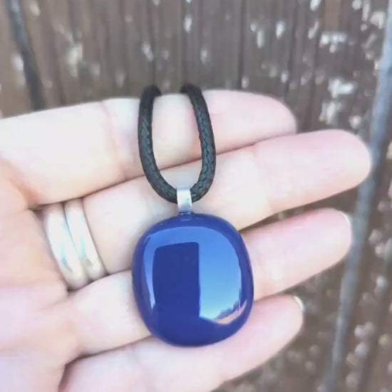 Blue fused glass pendant corded necklace, handmade artisan jewellery