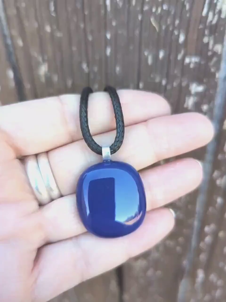 Blue fused glass pendant corded necklace, handmade artisan jewellery