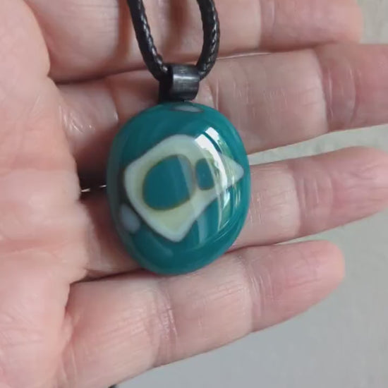 Fused glass turquoise and vanilla handcrafted pendant with cord necklace