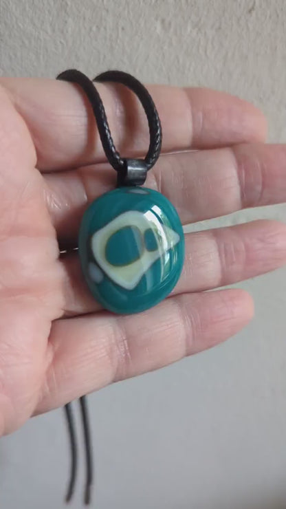 Fused glass turquoise and vanilla handcrafted pendant with cord necklace