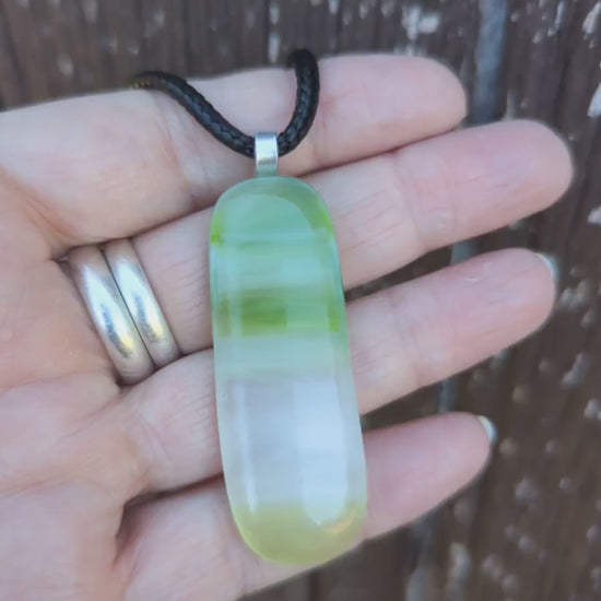 Long green fused glass pendant necklace, handmade jewellery