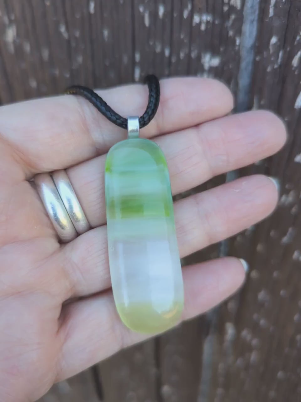 Long green fused glass pendant necklace, handmade jewellery