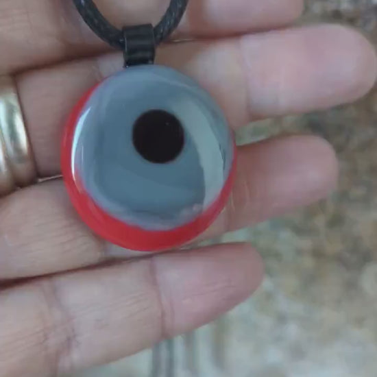 Red, grey and black circles fused glass pendant with cord necklace, handmade jewellery