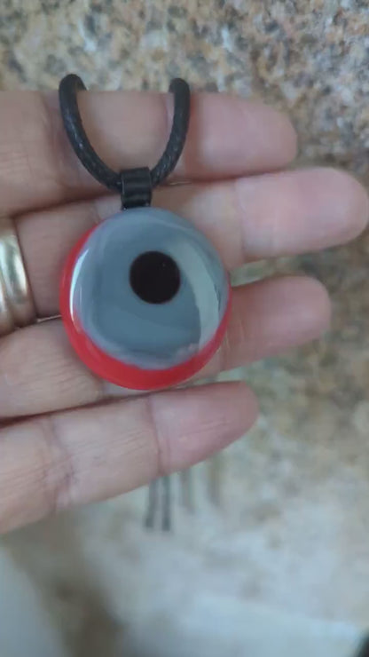 Red, grey and black circles fused glass pendant with cord necklace, handmade jewellery