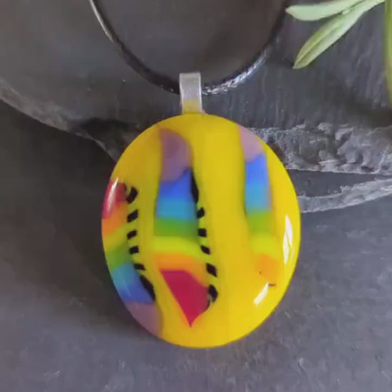 Yellow and rainbow fused glass pendant with cord necklace, handmade jewellery