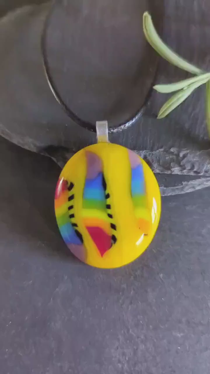 Yellow and rainbow fused glass pendant with cord necklace, handmade jewellery