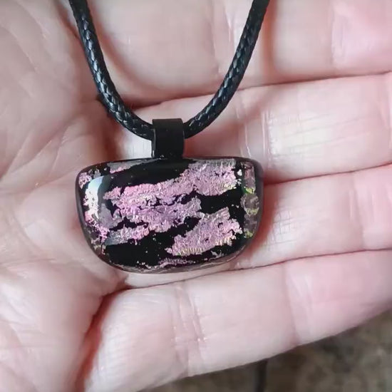 Handcrafted pink dichroic coloured fused glass pendant with cord necklace, handmade jewelry, easy to post gift