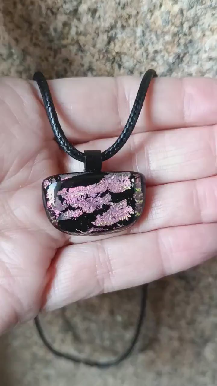 Handcrafted pink dichroic coloured fused glass pendant with cord necklace, handmade jewelry, easy to post gift