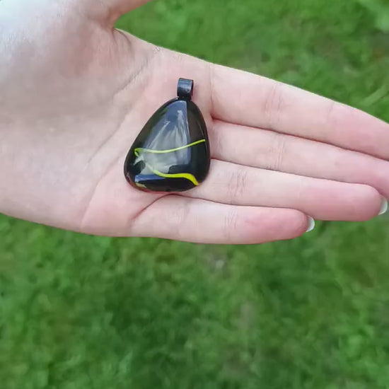 Handcrafted upcycled black brown glass pendant with necklace, one of a kind jewellery, marble art