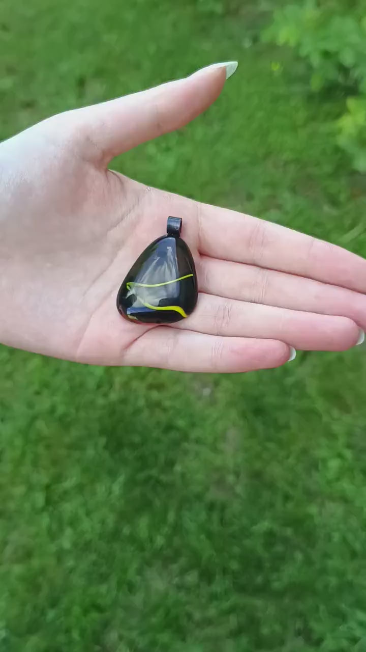 Handcrafted upcycled black brown glass pendant with necklace, one of a kind jewellery, marble art