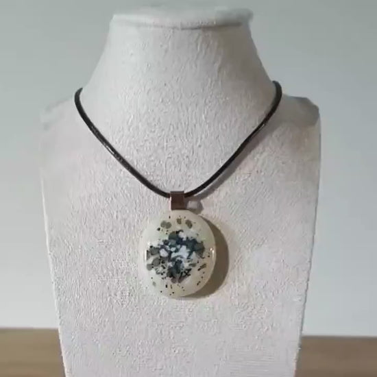 Handcrafted multicoloured speckled fused glass pendant with brown cord necklace, handmade artisan jewelry