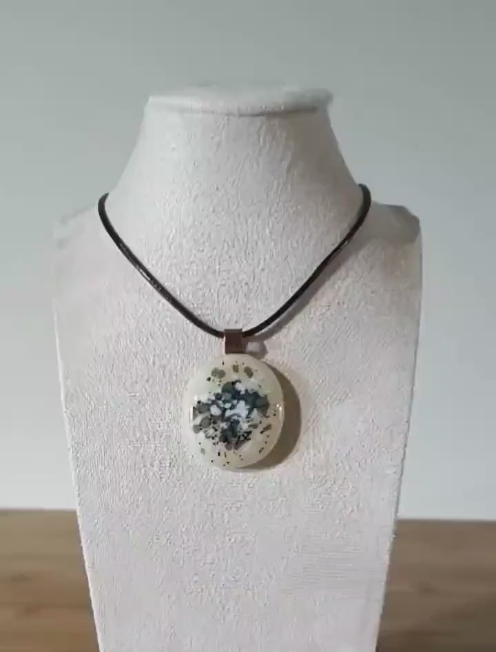 Handcrafted multicoloured speckled fused glass pendant with brown cord necklace, handmade artisan jewelry