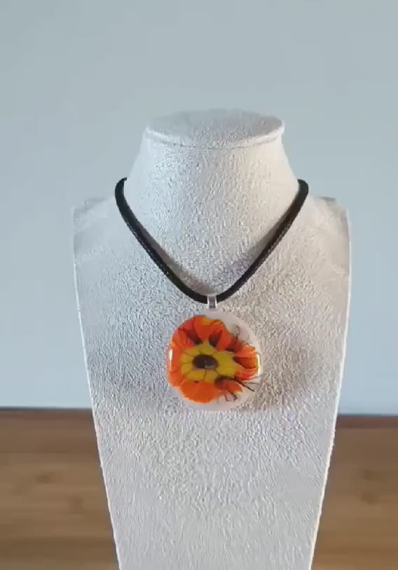 Handmade multicolour vibrant orange fused glass pendant with cord necklace, funky handmade jewellery