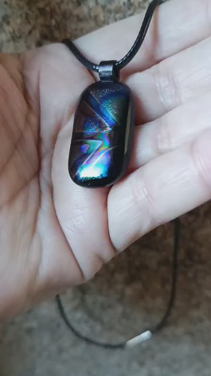 Handmade multicoloured dichroic fused glass pendant with cord necklace, easy to mail small gift, gender-neutral gift