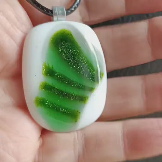 Fused Glass Green and White Large Pendant with necklace, handmade jewellery