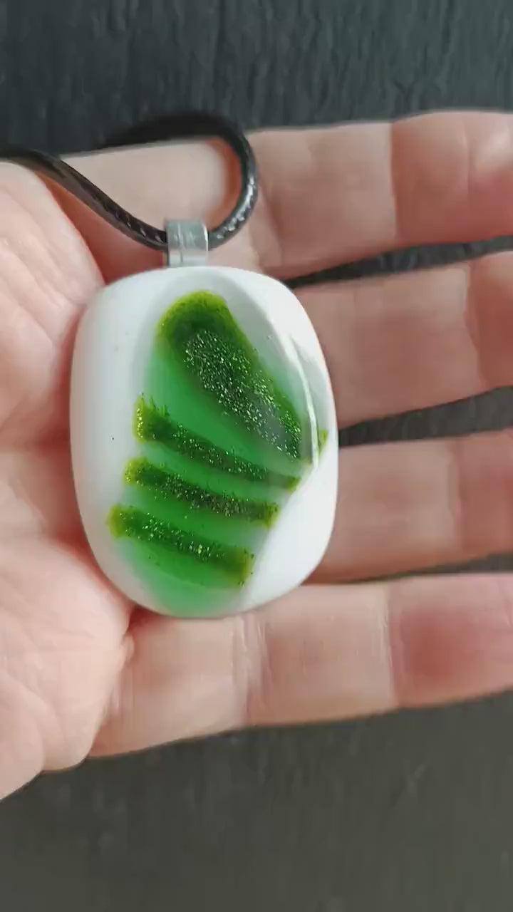 Fused Glass Green and White Large Pendant with necklace, handmade jewellery