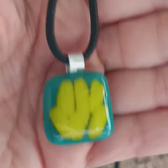 Handcrafted Fused Glass Pendant Necklace, Dark Teal Lime Green Abstract Art, Gender Neutral Gift