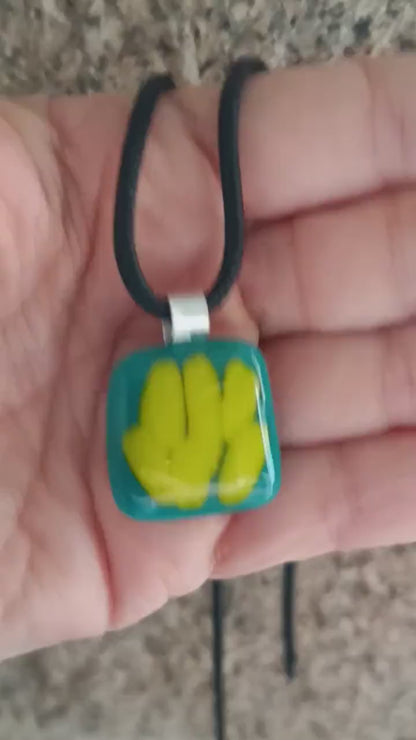 Handcrafted Fused Glass Pendant Necklace, Dark Teal Lime Green Abstract Art, Gender Neutral Gift