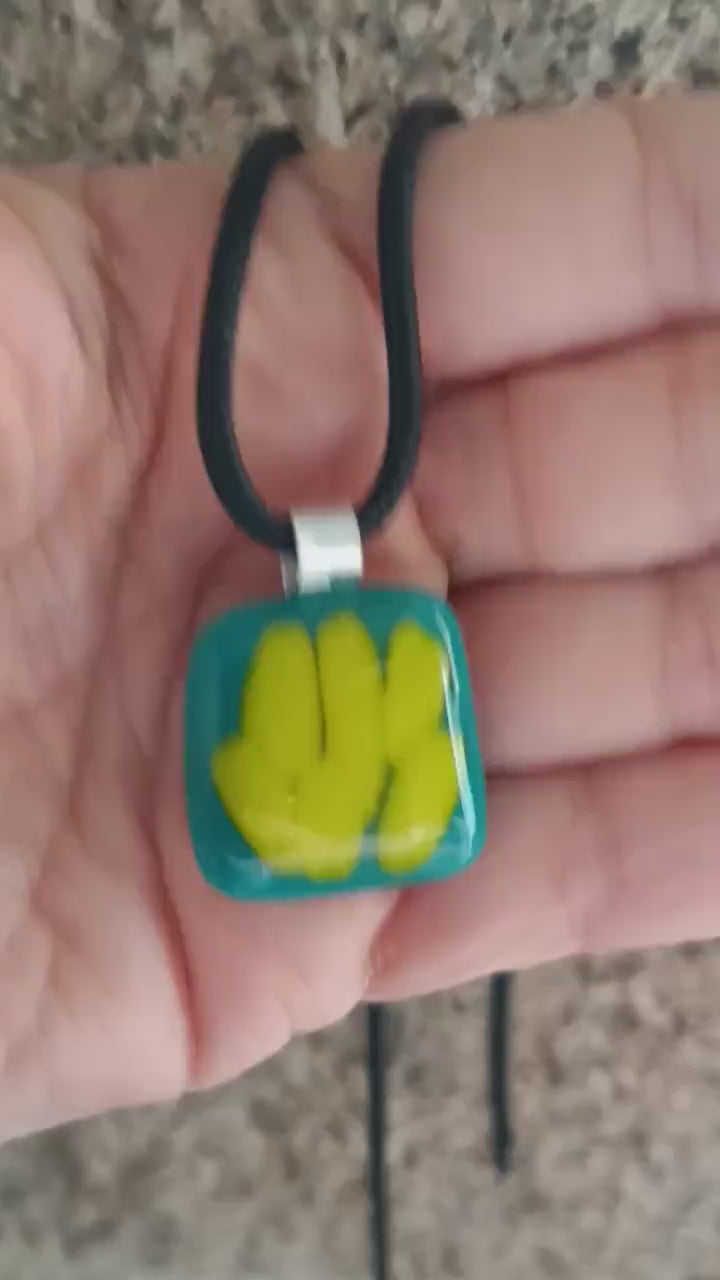Handcrafted Fused Glass Pendant Necklace, Dark Teal Lime Green Abstract Art, Gender Neutral Gift