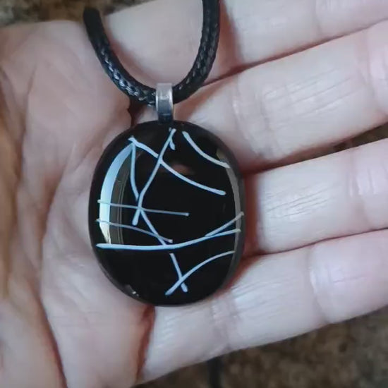 Monochrome fused glass pendant with cord necklace, handmade jewellery