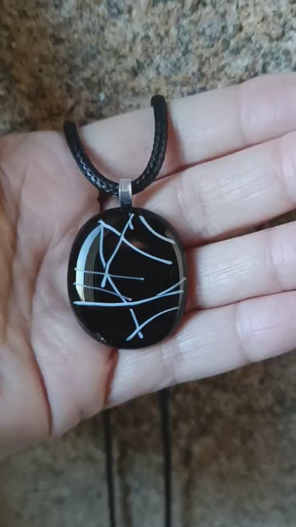 Monochrome fused glass pendant with cord necklace, handmade jewellery