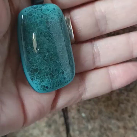Turquoise blue crackle fused glass pendant necklace, handmade jewelry