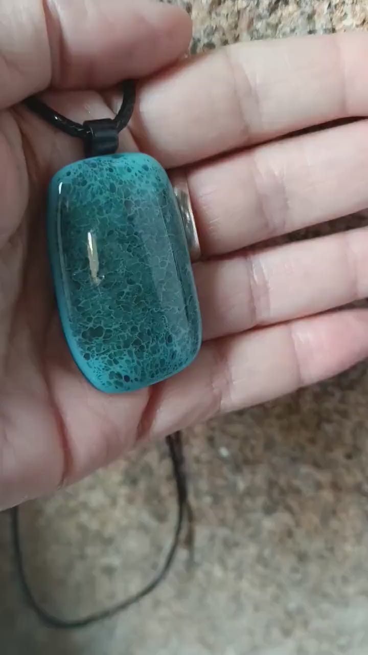 Turquoise blue crackle fused glass pendant necklace, handmade jewelry