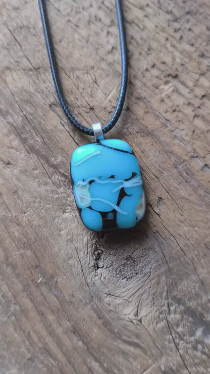 Turquoise fused glass pendant with cord necklace, best gift for her, handmade jewellery