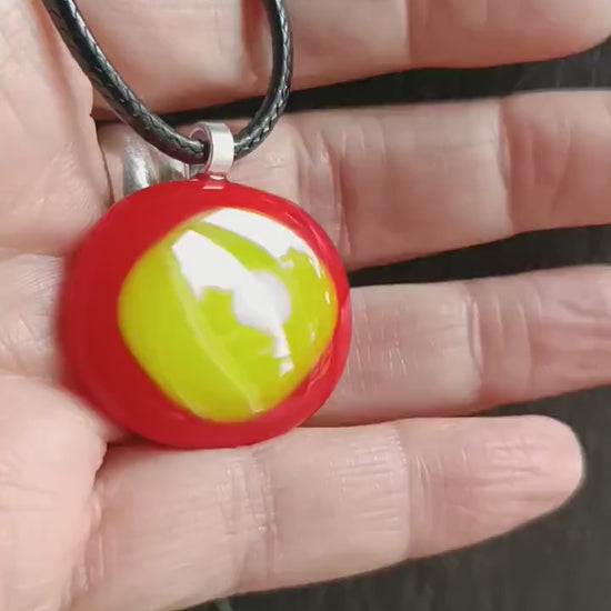 Red, white and lime green fused glass pendant necklace, handmade jewellery