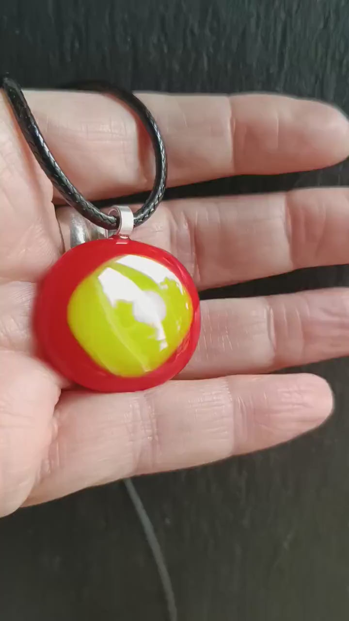 Red, white and lime green fused glass pendant necklace, handmade jewellery