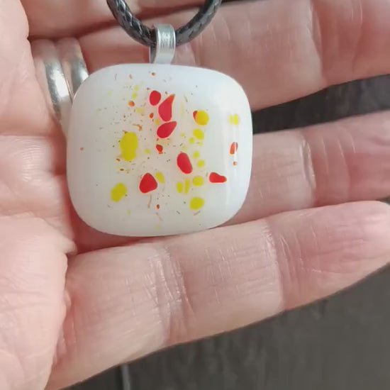 White speckled fused glass pendant necklace, unique handmade jewellery