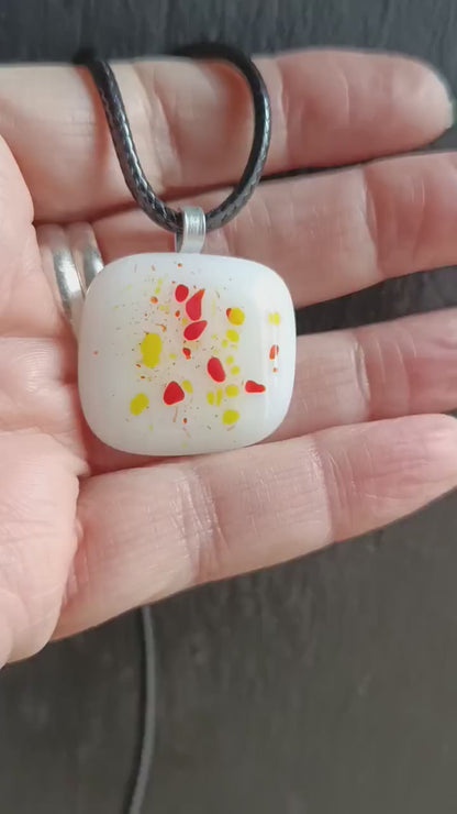 White speckled fused glass pendant necklace, unique handmade jewellery