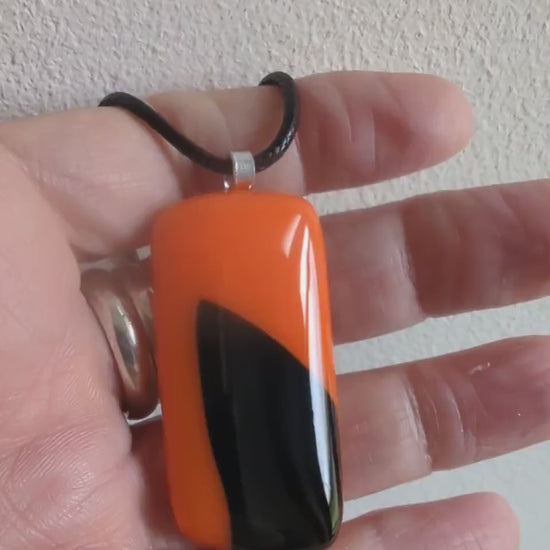 Orange and black fused glass pendant necklace, artisan handmade jewellery