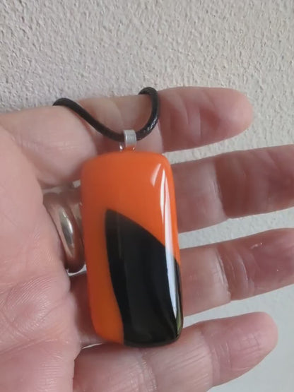 Orange and black fused glass pendant necklace, artisan handmade jewellery