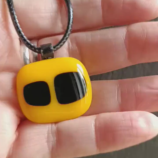 Yellow and Black Fused Glass Pendant with cord necklace, gender-neutral handmade jewellery
