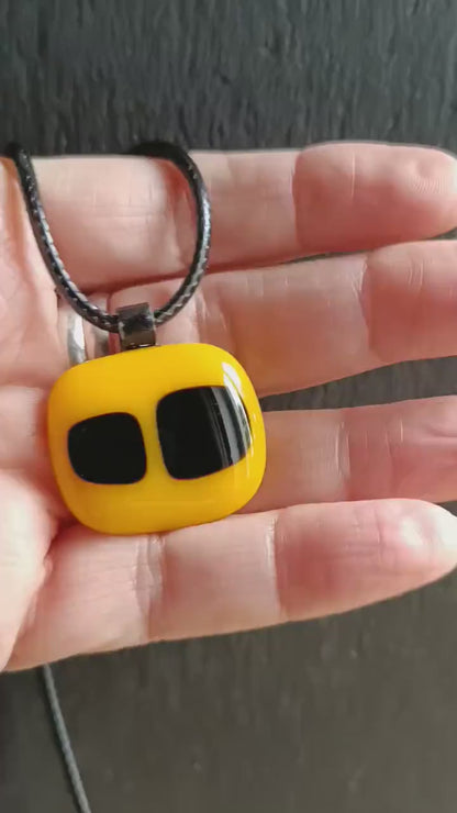 Yellow and Black Fused Glass Pendant with cord necklace, gender-neutral handmade jewellery